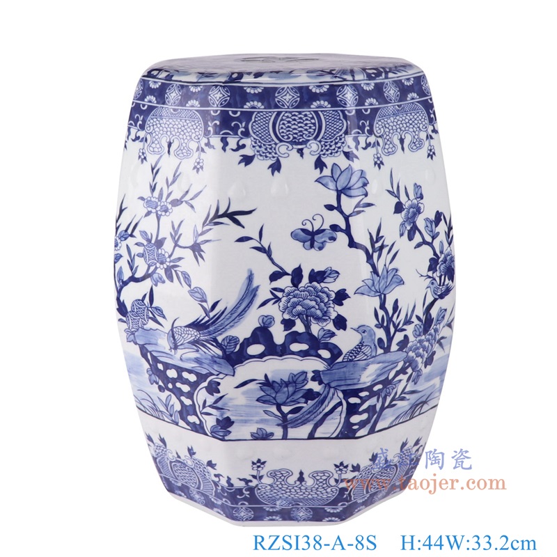 青花花鸟八边形凳子,产品编号:RZSI38-A-8S 产品尺寸(单位cm): 高44直径33.2口径底径27.5重量12KG