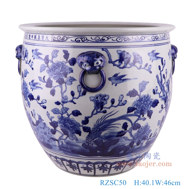 青花花鸟狮子头耳大缸,产品编号:RZSC50 产品尺寸(单位cm): 高40.1直径46口径底径25重量11.75KG