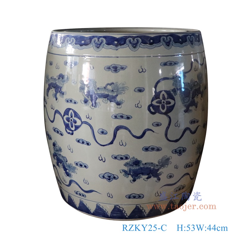 青花狮子纹大缸,产品编号:RZKY25-C 产品尺寸(单位cm): 高53直径44口径8.5底径重量KG