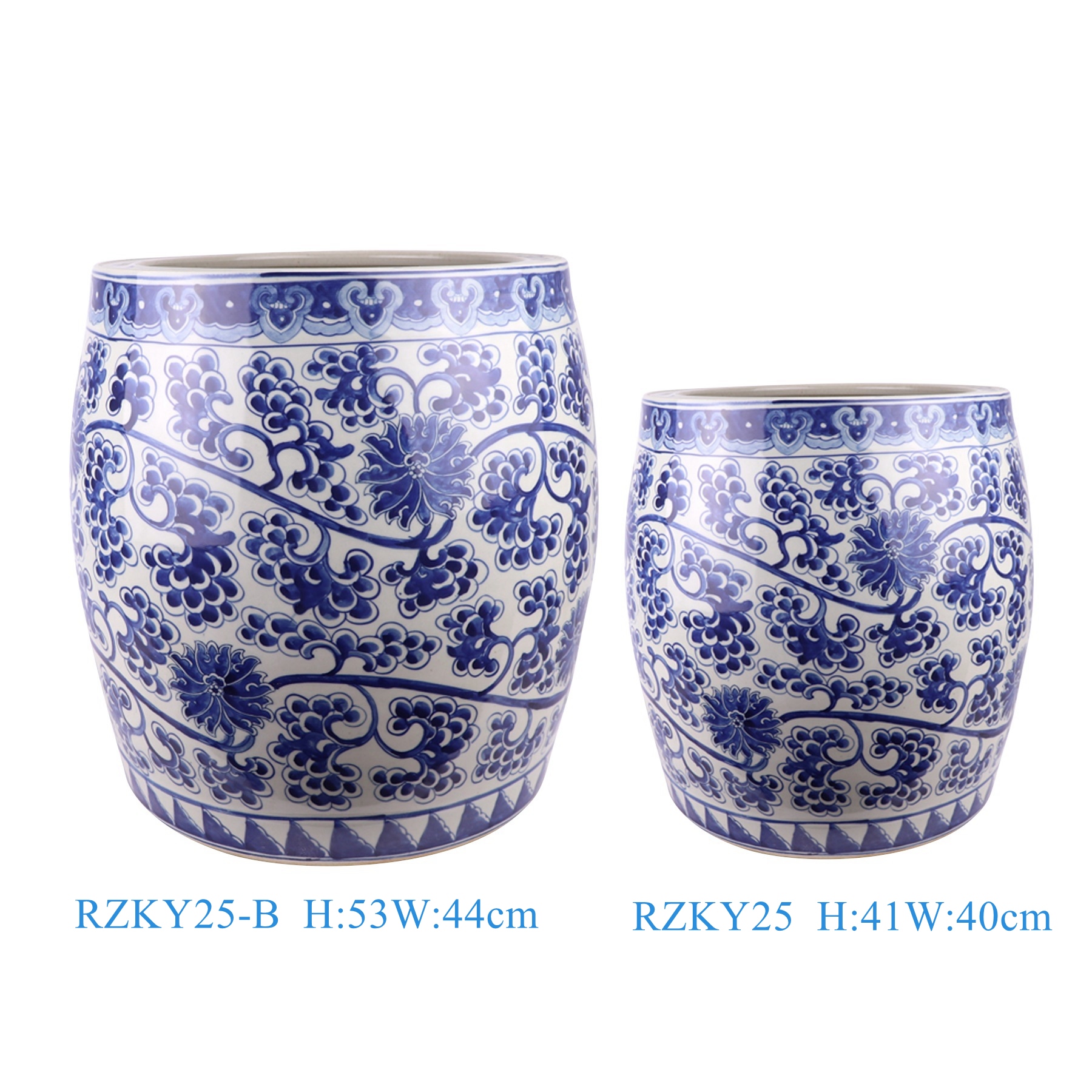 "青花缠枝莲大缸大号小号,产品编号:RZKY25 RZKY25-B 产品尺寸(单位cm): 高53直径44口径底径重量KG"