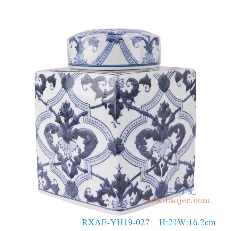 青花花卉四方茶叶罐,产品编号:RXAE-YH19-027 产品尺寸(单位cm): 高21直径16.2口径5.5底径重量1.74KG