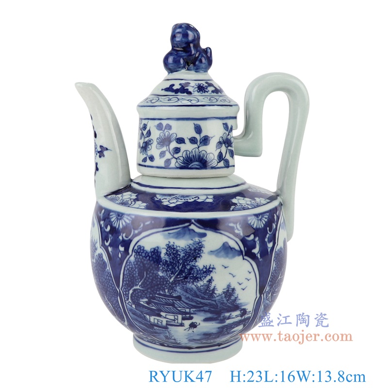 青花开窗山水壶，产品编号：RYUK47       产品尺寸(单位cm):  高23直径16口径11底径7.9重量1.15KG
