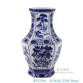 RYUJ56     青花缠枝莲开窗山水花鸟六面花瓶，   高36.8直径22口径底径16重量3KG