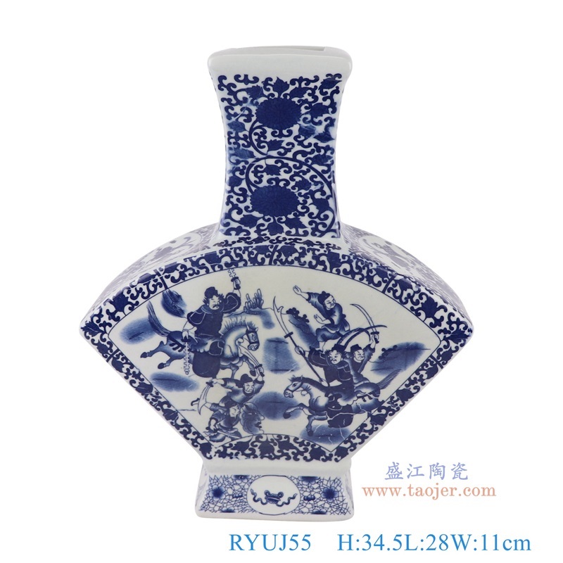 青花缠枝莲开窗人物战将四面扇形瓶，产品编号：RYUJ55       产品尺寸(单位cm):  高34.5直径28口径底径11.7重量3KG