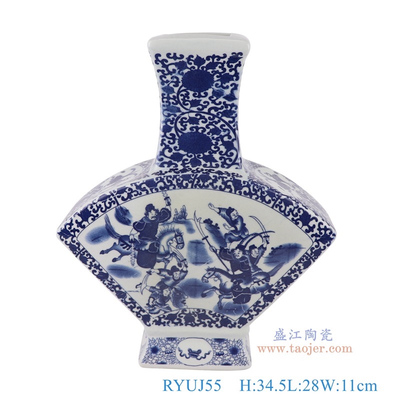 青花缠枝莲开窗人物战将四面扇形瓶,产品编号:RYUJ55 产品尺寸(单位cm): 高34.5直径28口径底径11.7重量3KG