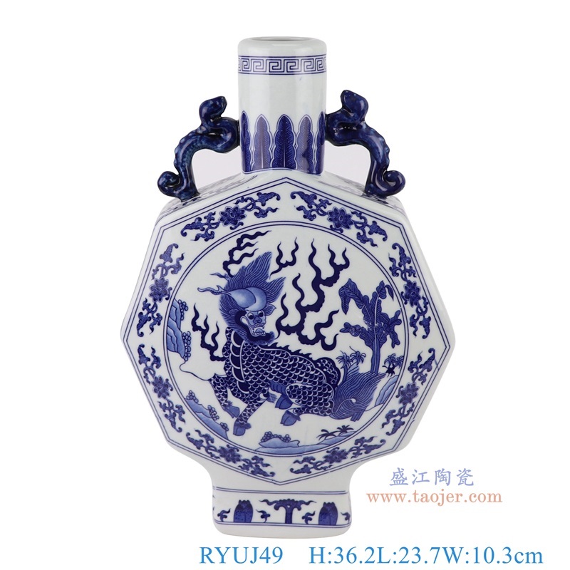 青花缠枝莲麒麟纹八边形抱月瓶，产品编号：RYUJ49       产品尺寸(单位cm):  高36.2直径23.7口径19.5底径10.6重量2.7KG