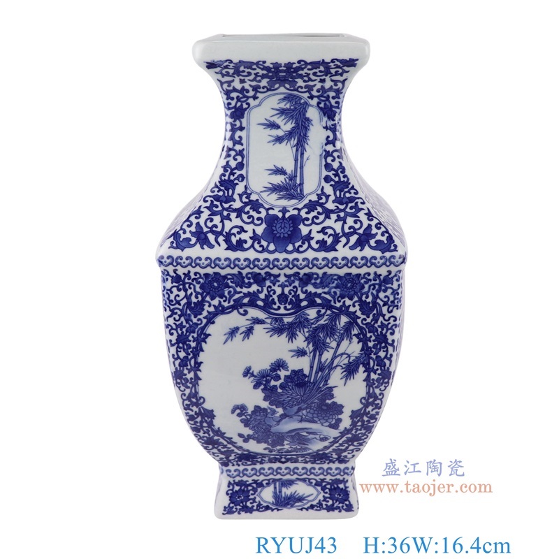 青花缠枝莲开窗花鸟四面花瓶，产品编号：RYUJ43       产品尺寸(单位cm):  高36直径16.4口径1.2底径11重量2.75KG