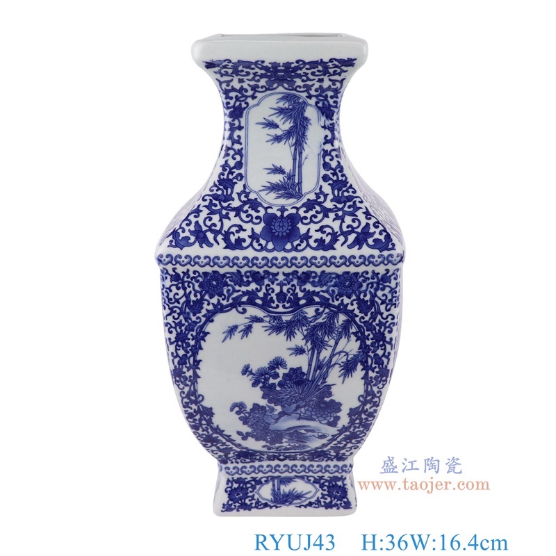 青花缠枝莲开窗花鸟四面花瓶,产品编号:RYUJ43 产品尺寸(单位cm): 高36直径16.4口径1.2底径11重量2.75KG