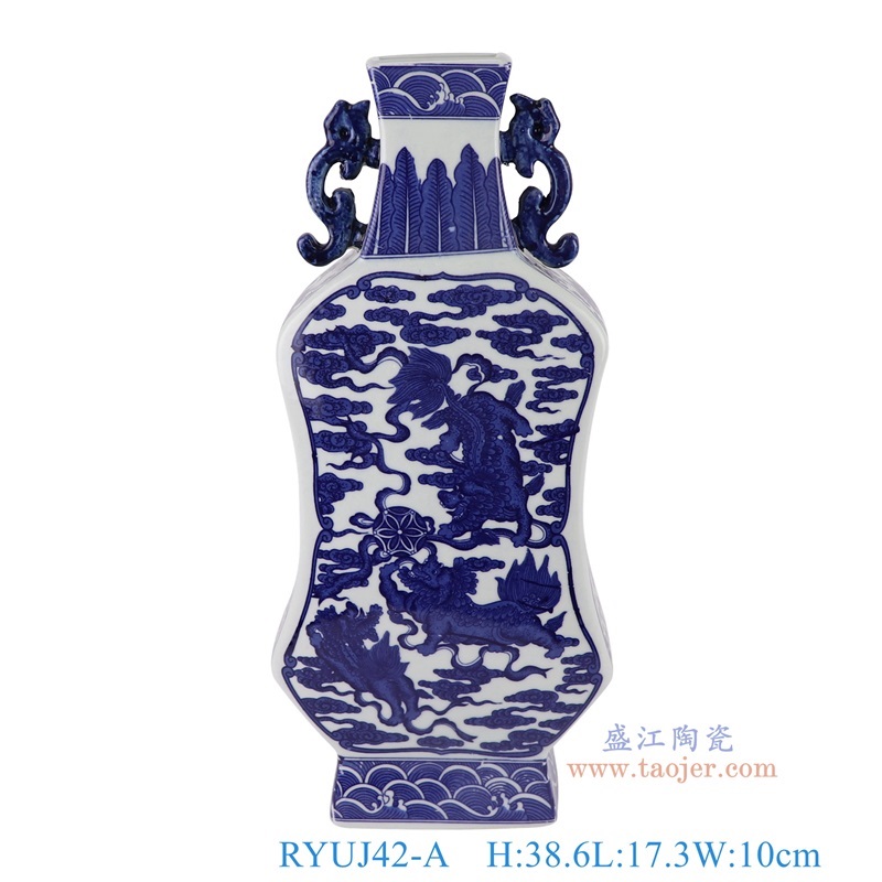 青花麒麟纹四面扁肚双耳葫芦瓶，产品编号：RYUJ42-A       产品尺寸(单位cm):  高38.6直径17.3口径3底径12重量2.15KG