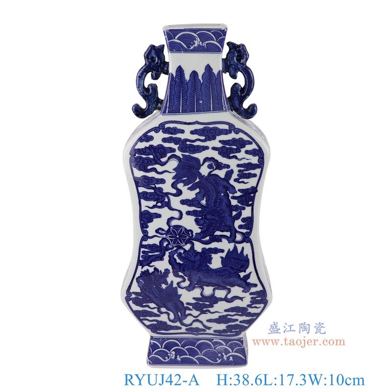青花麒麟纹四面扁肚双耳葫芦瓶,产品编号:RYUJ42-A 产品尺寸(单位cm): 高38.6直径17.3口径3底径12重量2.15KG