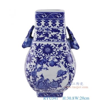 RYUJ41    青花缠枝莲开窗花鸟纹鹿耳四面福桶瓶，   高30.8直径20口径3.8底径9.3重量2.75KG