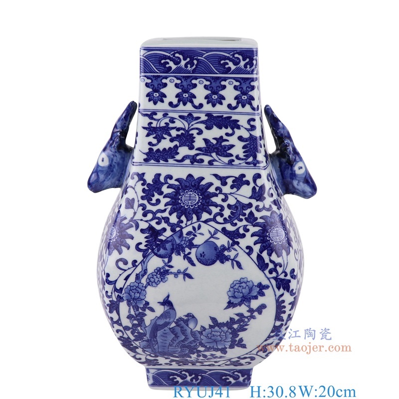 青花缠枝莲开窗花鸟纹鹿耳四面福桶瓶,产品编号:RYUJ41 产品尺寸(单位cm): 高30.8直径20口径3.8底径9.3重量2.75KG