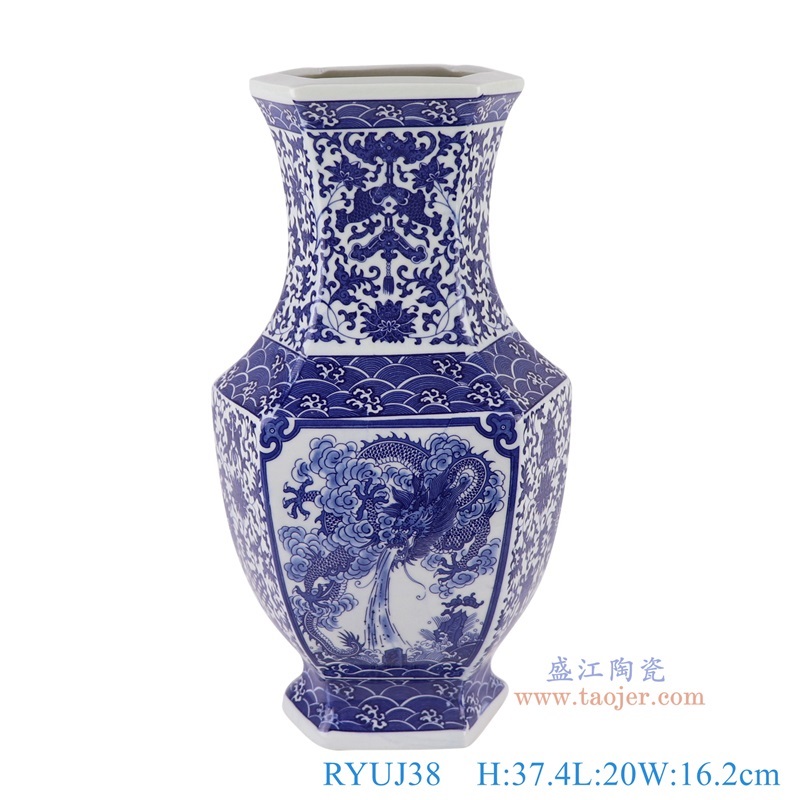 青花缠枝莲开窗龙纹六面花瓶,产品编号:RYUJ38 产品尺寸(单位cm): 高37.4直径20口径底径13.5重量2.75KG