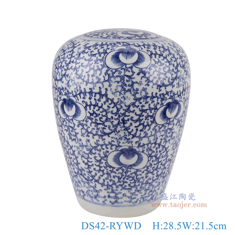 青花缠枝莲冬瓜罐灯具,产品编号:DS42-RYWD 产品尺寸(单位cm): 高28.5直径21.5口径底径13.4重量3.1KG