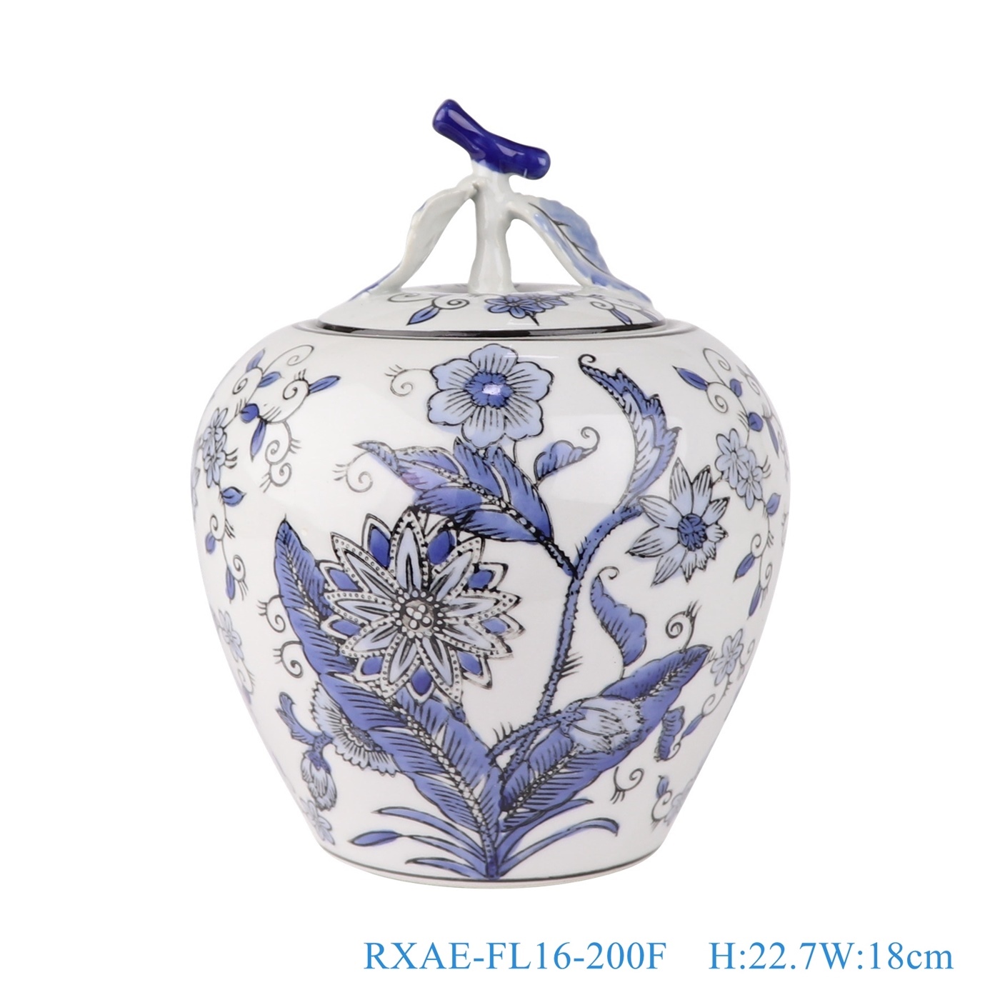 青花花卉苹果罐，产品编号：RXAE-FL16-200F       产品尺寸(单位cm):  高22.7直径18口径20.5底径10.8重量1.25KG