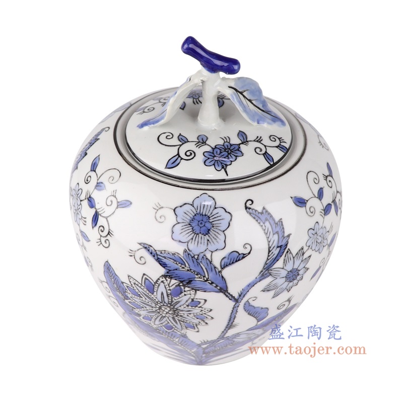 青花花卉苹果罐,产品编号:RXAE-FL16-200F 产品尺寸(单位cm): 高22.7直径18口径20.5底径10.8重量1.25KG