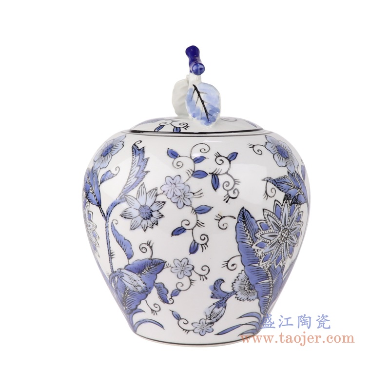 青花花卉苹果罐,产品编号:RXAE-FL16-200F 产品尺寸(单位cm): 高22.7直径18口径20.5底径10.8重量1.25KG