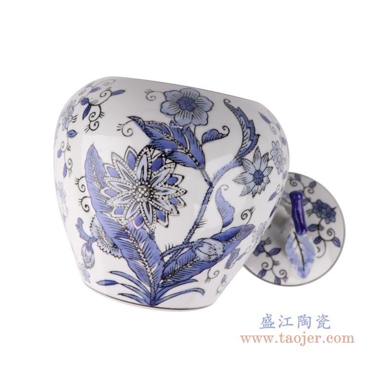 青花花卉苹果罐,产品编号:RXAE-FL16-200F 产品尺寸(单位cm): 高22.7直径18口径20.5底径10.8重量1.25KG