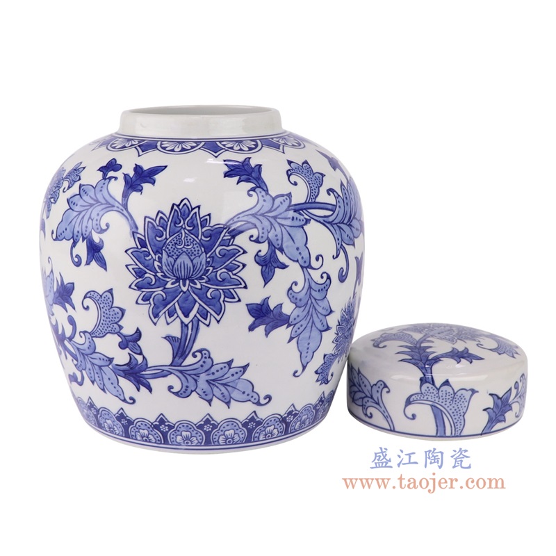 青花缠枝莲茶叶罐盖罐,产品编号:RXAE-FL16-212B 产品尺寸(单位cm): 高24.4直径20.7口径底径16重量2.1KG