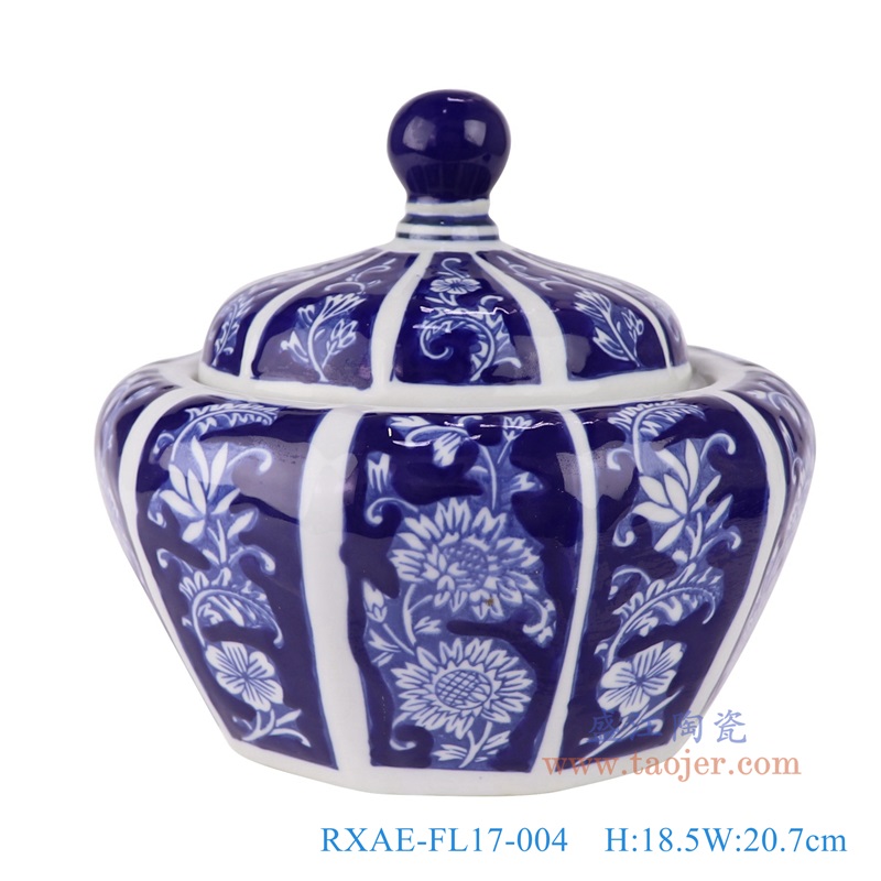 青花花卉南瓜罐盖罐,产品编号:RXAE-FL17-004 产品尺寸(单位cm): 高18.5直径20.7口径底径14重量1.64KG