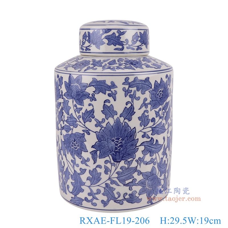 青花缠枝莲直筒茶叶罐,产品编号:RXAE-FL19-206 产品尺寸(单位cm): 高29.5直径19口径底径重量2.45KG