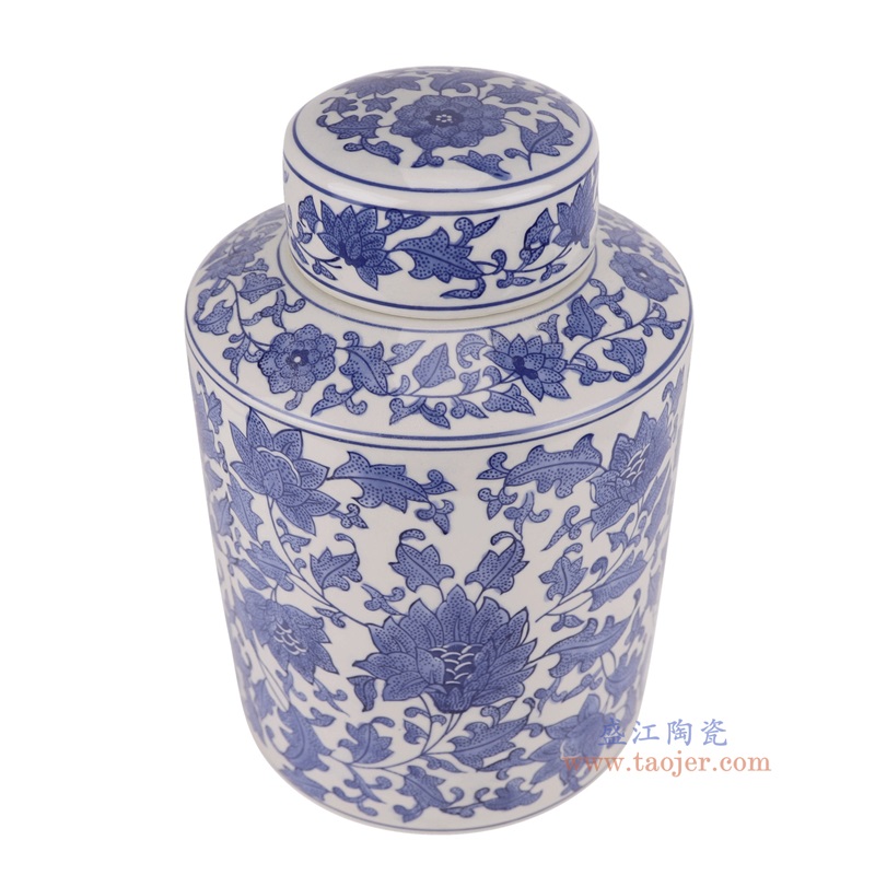 青花缠枝莲直筒茶叶罐，产品编号：RXAE-FL19-206       产品尺寸(单位cm):  高29.5直径19口径底径重量2.45KG