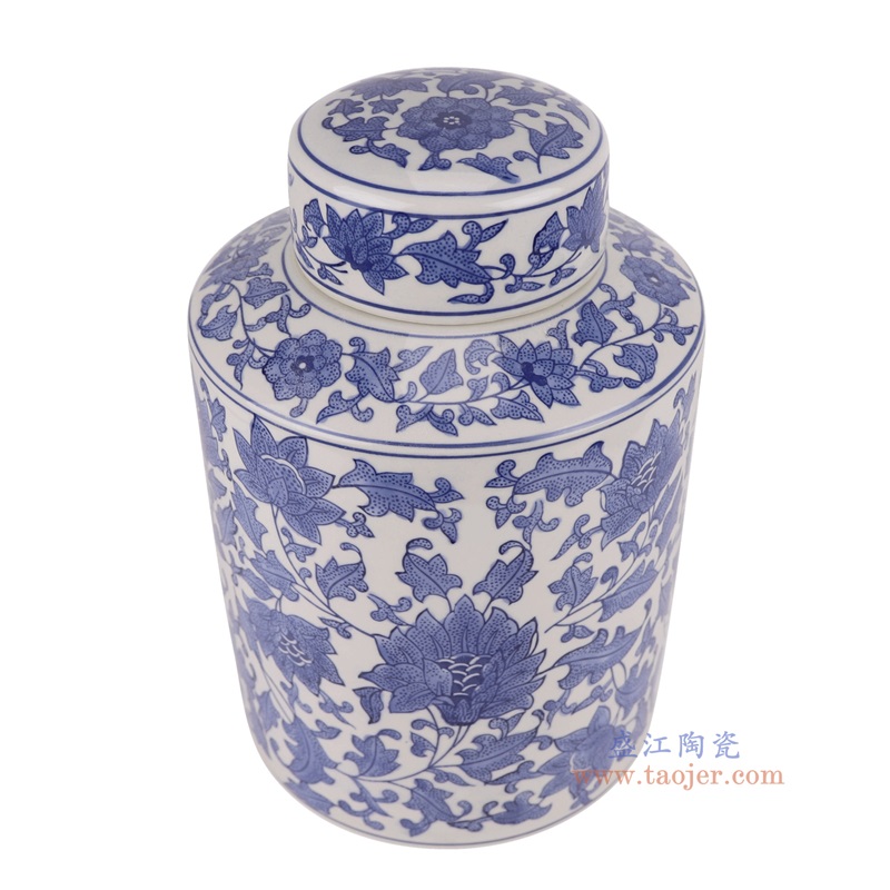 青花缠枝莲直筒茶叶罐,产品编号:RXAE-FL19-206 产品尺寸(单位cm): 高29.5直径19口径底径重量2.45KG