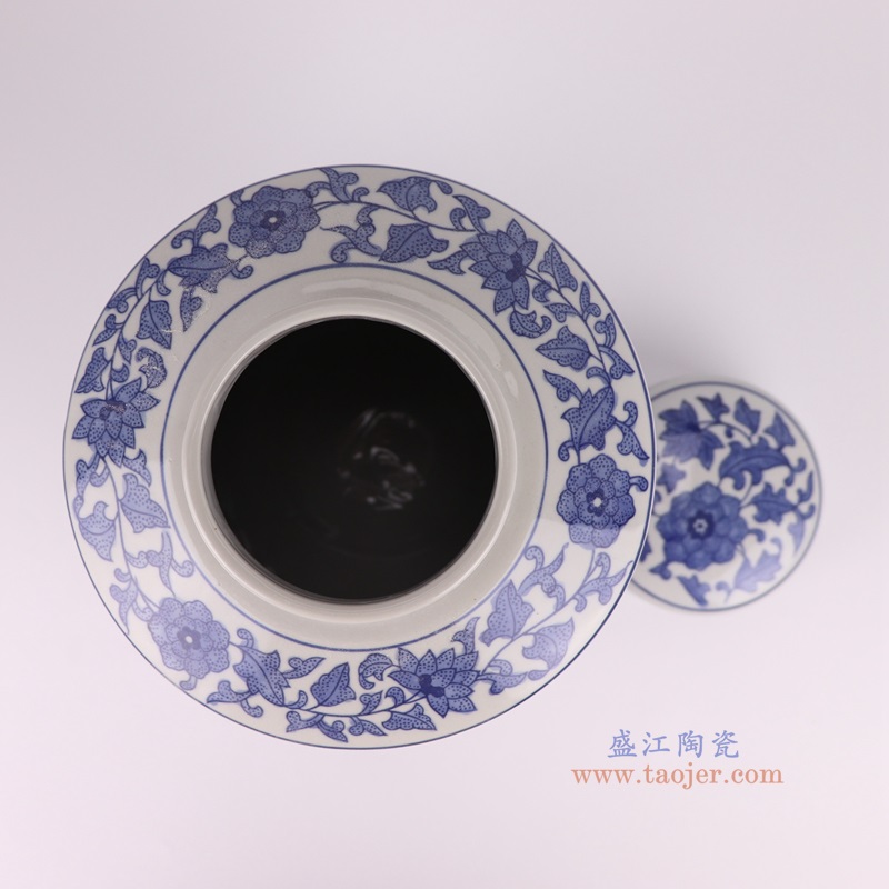 青花缠枝莲直筒茶叶罐,产品编号:RXAE-FL19-206 产品尺寸(单位cm): 高29.5直径19口径底径重量2.45KG