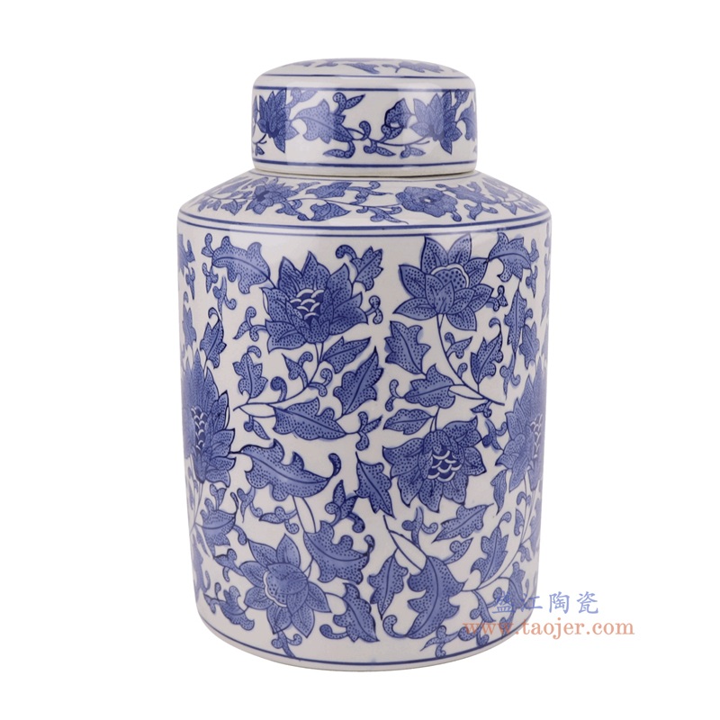 青花缠枝莲直筒茶叶罐,产品编号:RXAE-FL19-206 产品尺寸(单位cm): 高29.5直径19口径底径重量2.45KG