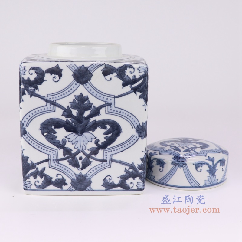 青花花卉四方茶叶罐，产品编号：RXAE-YH19-027       产品尺寸(单位cm):  高21直径16.2口径5.5底径重量1.74KG
