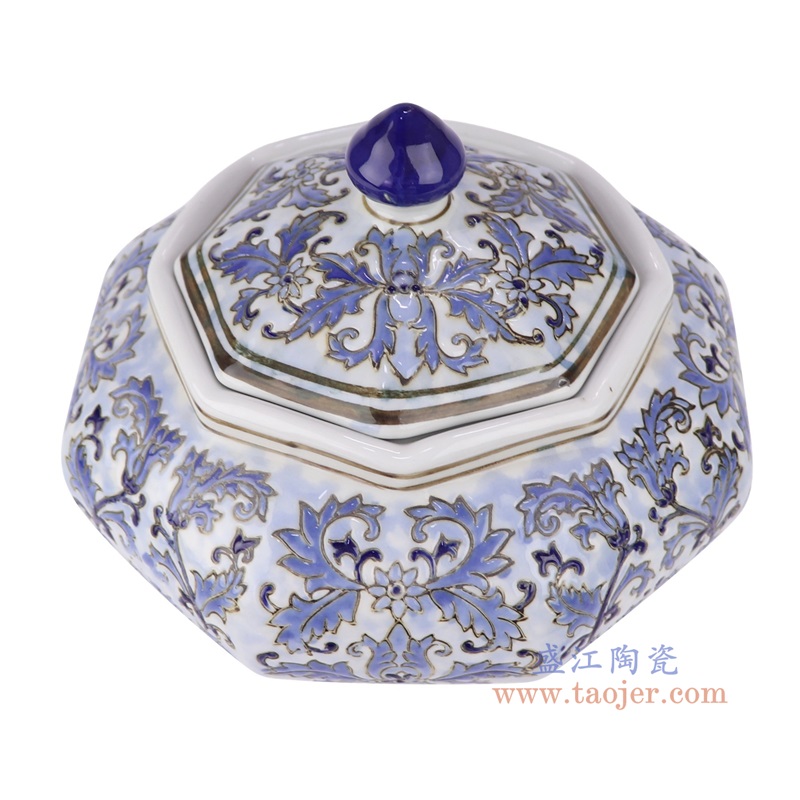 青花花卉八角罐,产品编号:RXAE-YH19-029 产品尺寸(单位cm): 高18.6直径21.2口径22底径11.3重量1.28KG