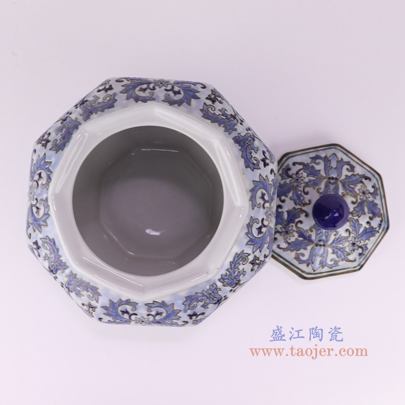 青花花卉八角罐,产品编号:RXAE-YH19-029 产品尺寸(单位cm): 高18.6直径21.2口径22底径11.3重量1.28KG