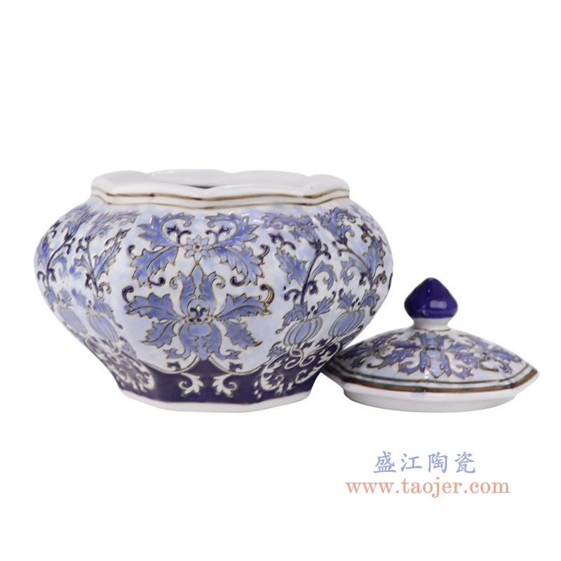 青花花卉八角罐,产品编号:RXAE-YH19-029 产品尺寸(单位cm): 高18.6直径21.2口径22底径11.3重量1.28KG
