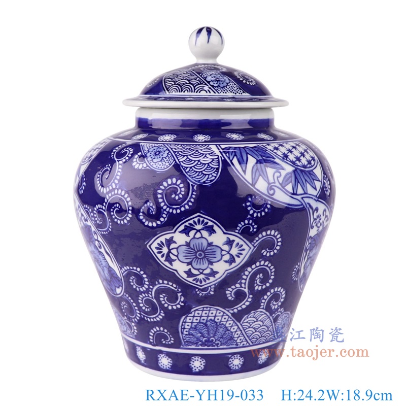青花蓝底花卉将军罐，产品编号：RXAE-YH19-033       产品尺寸(单位cm):  高24.2直径18.9口径14.5底径11.5重量1.4KG