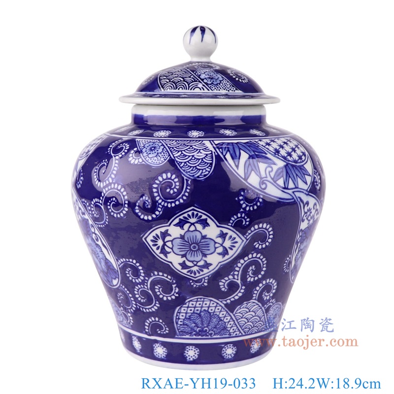 青花蓝底花卉将军罐,产品编号:RXAE-YH19-033 产品尺寸(单位cm): 高24.2直径18.9口径14.5底径11.5重量1.4KG