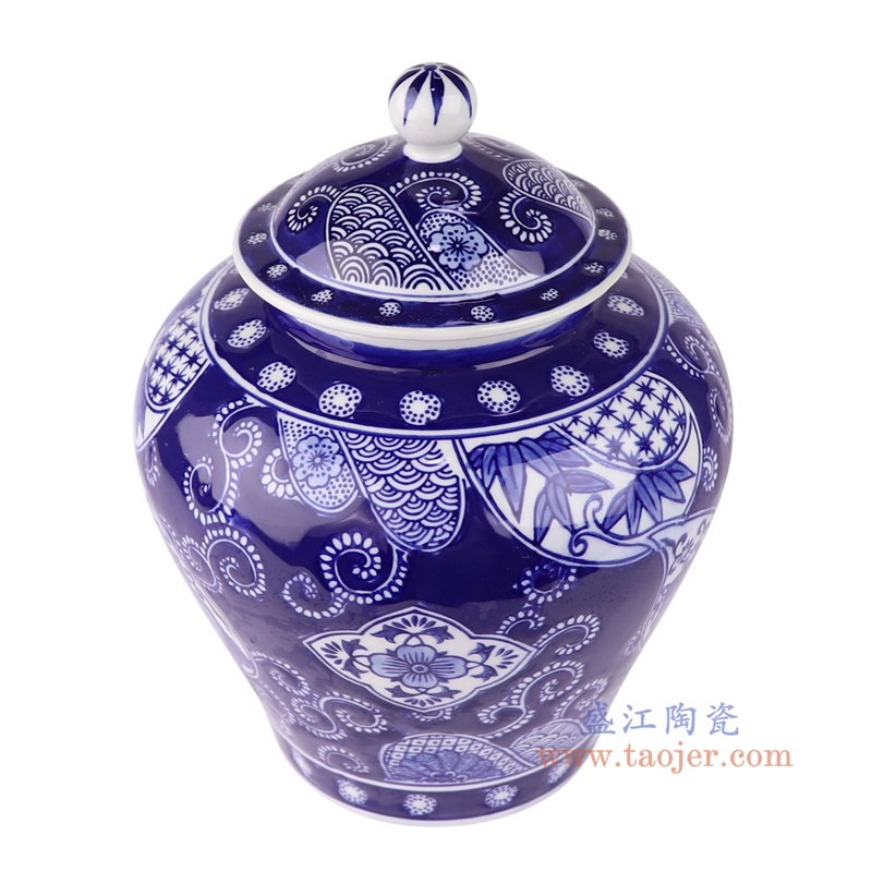 青花蓝底花卉将军罐,产品编号:RXAE-YH19-033 产品尺寸(单位cm): 高24.2直径18.9口径14.5底径11.5重量1.4KG