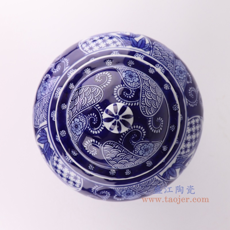青花蓝底花卉将军罐,产品编号:RXAE-YH19-033 产品尺寸(单位cm): 高24.2直径18.9口径14.5底径11.5重量1.4KG