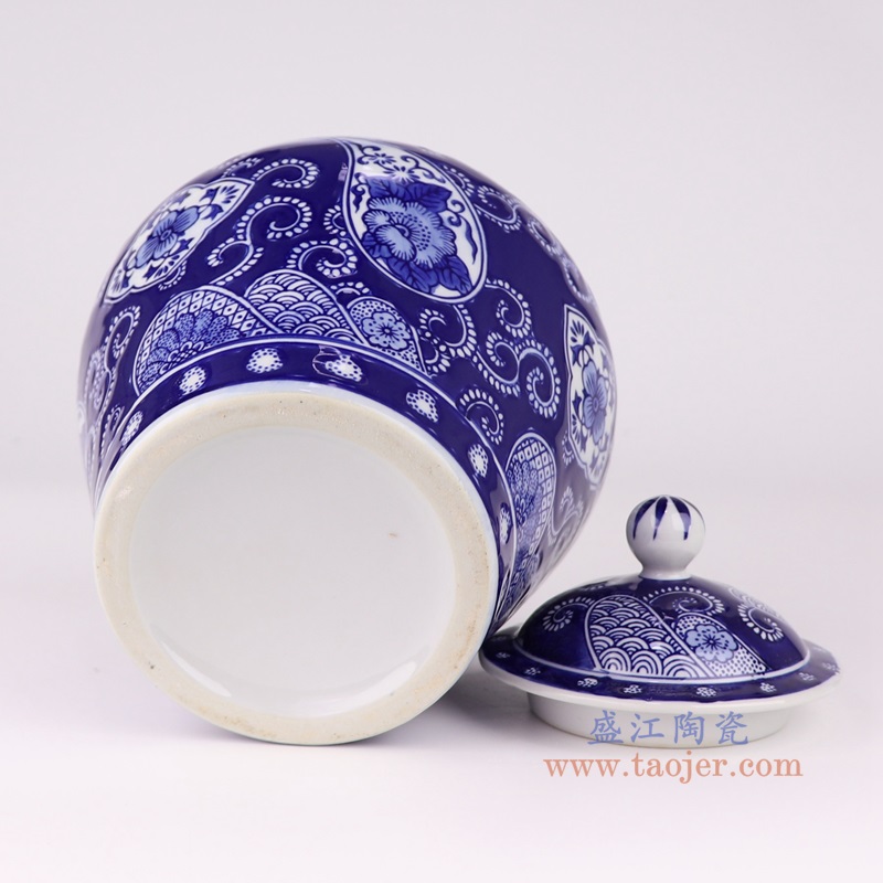 青花蓝底花卉将军罐,产品编号:RXAE-YH19-033 产品尺寸(单位cm): 高24.2直径18.9口径14.5底径11.5重量1.4KG