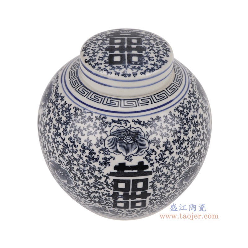 青花缠枝喜字纹小坛罐,产品编号:RXAF07-A 产品尺寸(单位cm): 高14.7直径14.5口径底径10重量0.7KG
