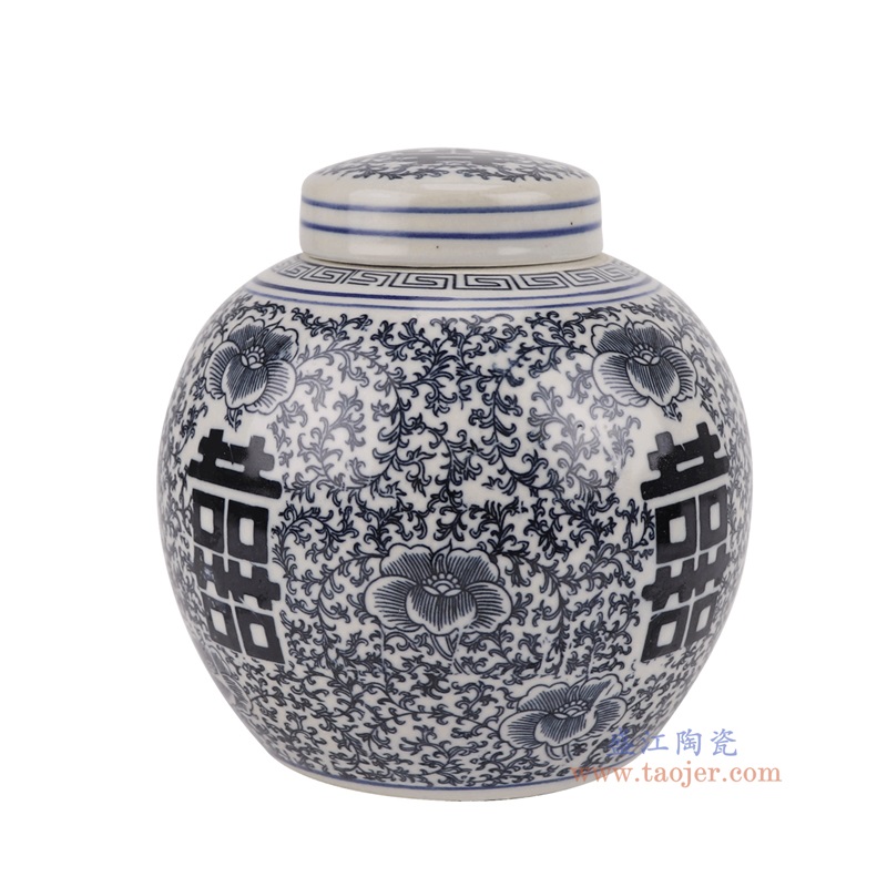 青花缠枝喜字纹小坛罐,产品编号:RXAF07-A 产品尺寸(单位cm): 高14.7直径14.5口径底径10重量0.7KG