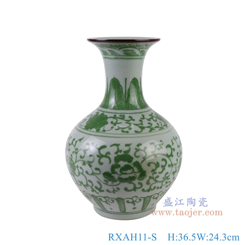 绿色缠枝莲赏瓶小号，产品编号：RXAH11-S       产品尺寸(单位cm):  高36.5直径24.3口径底径13重量4.7KG
