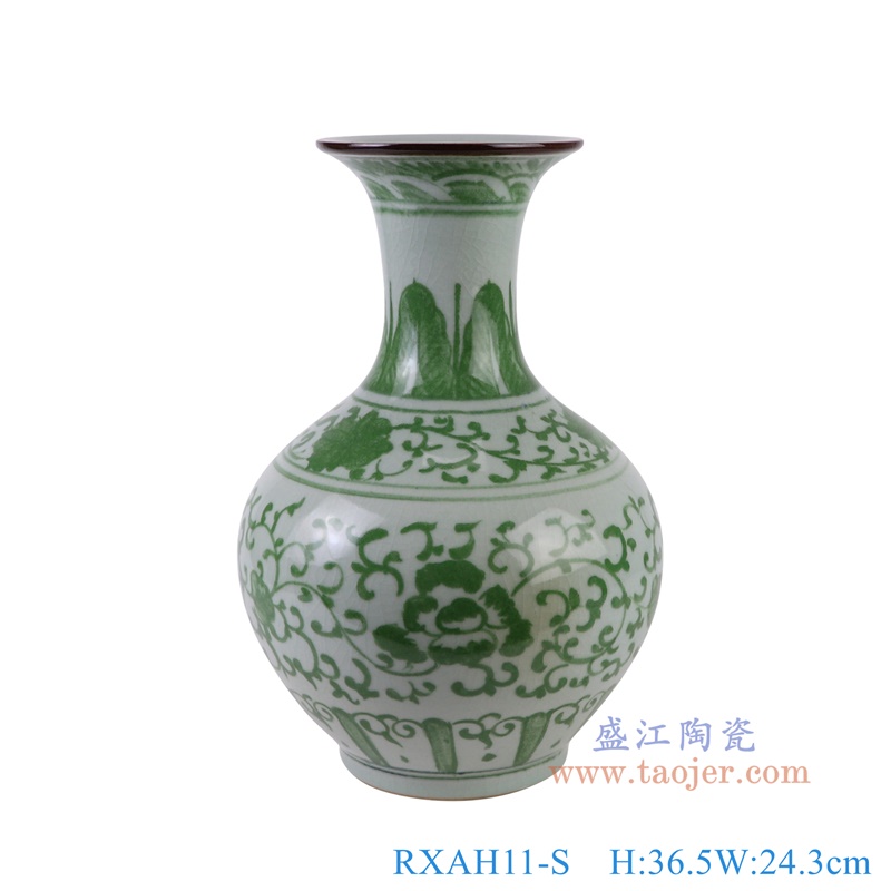 绿色缠枝莲赏瓶小号,产品编号:RXAH11-S 产品尺寸(单位cm): 高36.5直径24.3口径底径13重量4.7KG