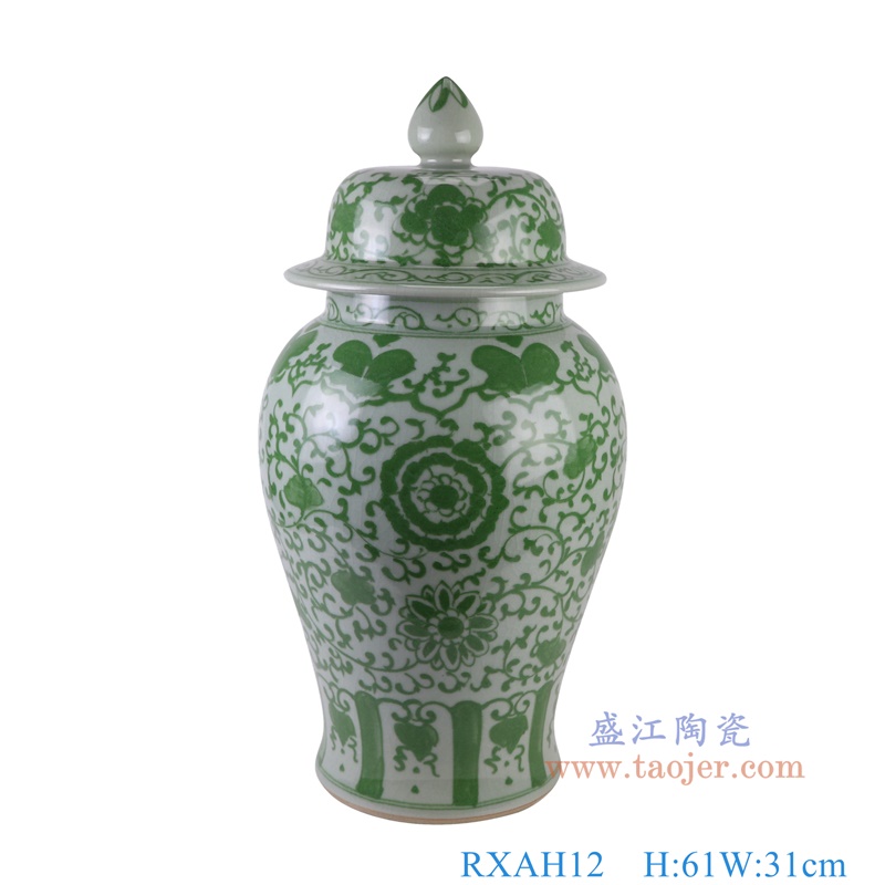 绿色缠枝莲将军罐,产品编号:RXAH12 产品尺寸(单位cm): 高61直径31口径底径22.3重量13.8KG