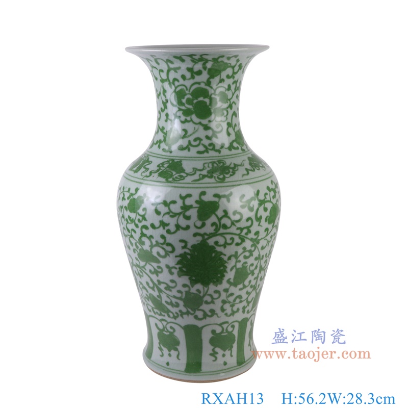 绿色缠枝莲鱼尾瓶,产品编号:RXAH13 产品尺寸(单位cm): 高56.2直径28.3口径底径20.5重量12.25KG