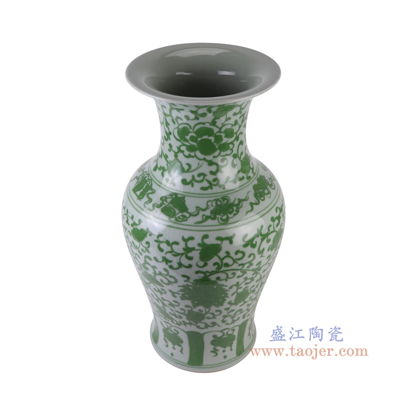 绿色缠枝莲鱼尾瓶,产品编号:RXAH13 产品尺寸(单位cm): 高56.2直径28.3口径底径20.5重量12.25KG