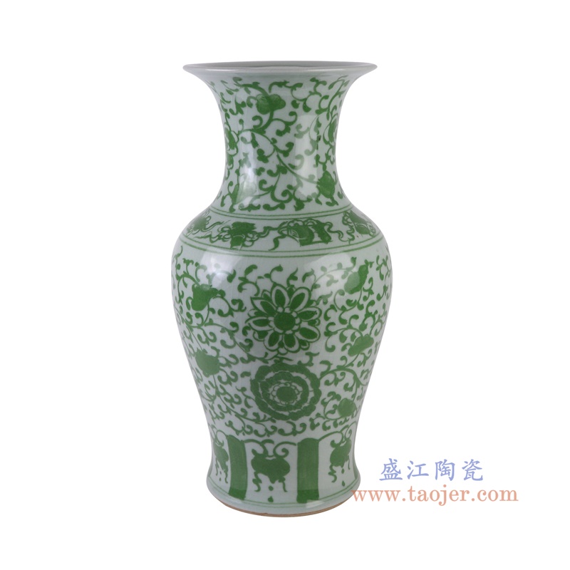 绿色缠枝莲鱼尾瓶,产品编号:RXAH13 产品尺寸(单位cm): 高56.2直径28.3口径底径20.5重量12.25KG