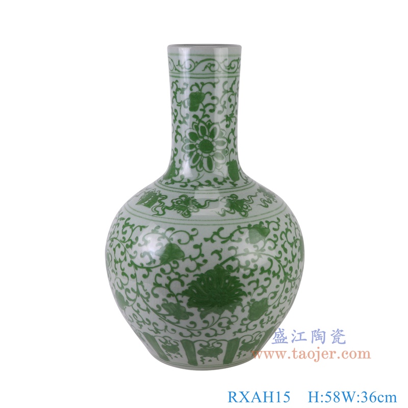 绿色缠枝莲天球瓶,产品编号:RXAH15 产品尺寸(单位cm): 高58直径36口径底径重量170KG