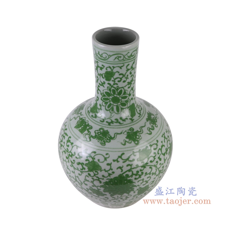 绿色缠枝莲天球瓶,产品编号:RXAH15 产品尺寸(单位cm): 高58直径36口径底径重量170KG