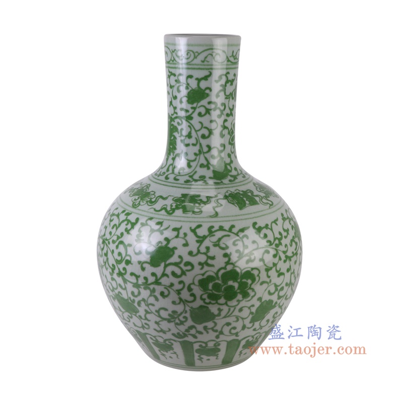 绿色缠枝莲天球瓶,产品编号:RXAH15 产品尺寸(单位cm): 高58直径36口径底径重量170KG