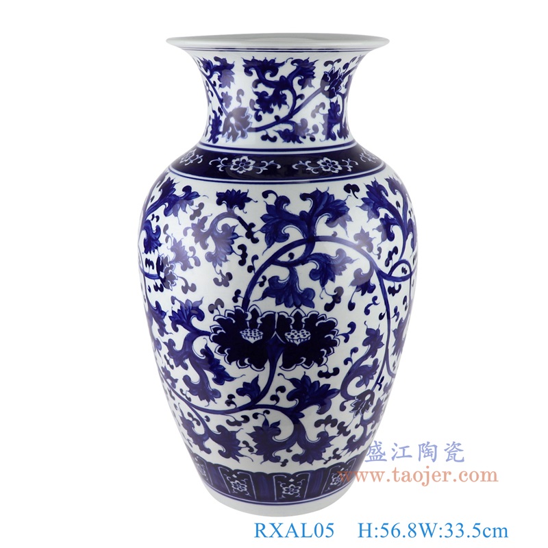 青花缠枝莲冬瓜瓶大号,产品编号:RXAL05 产品尺寸(单位cm): 高56.8直径33.5口径34.5底径19.5重量10.95KG